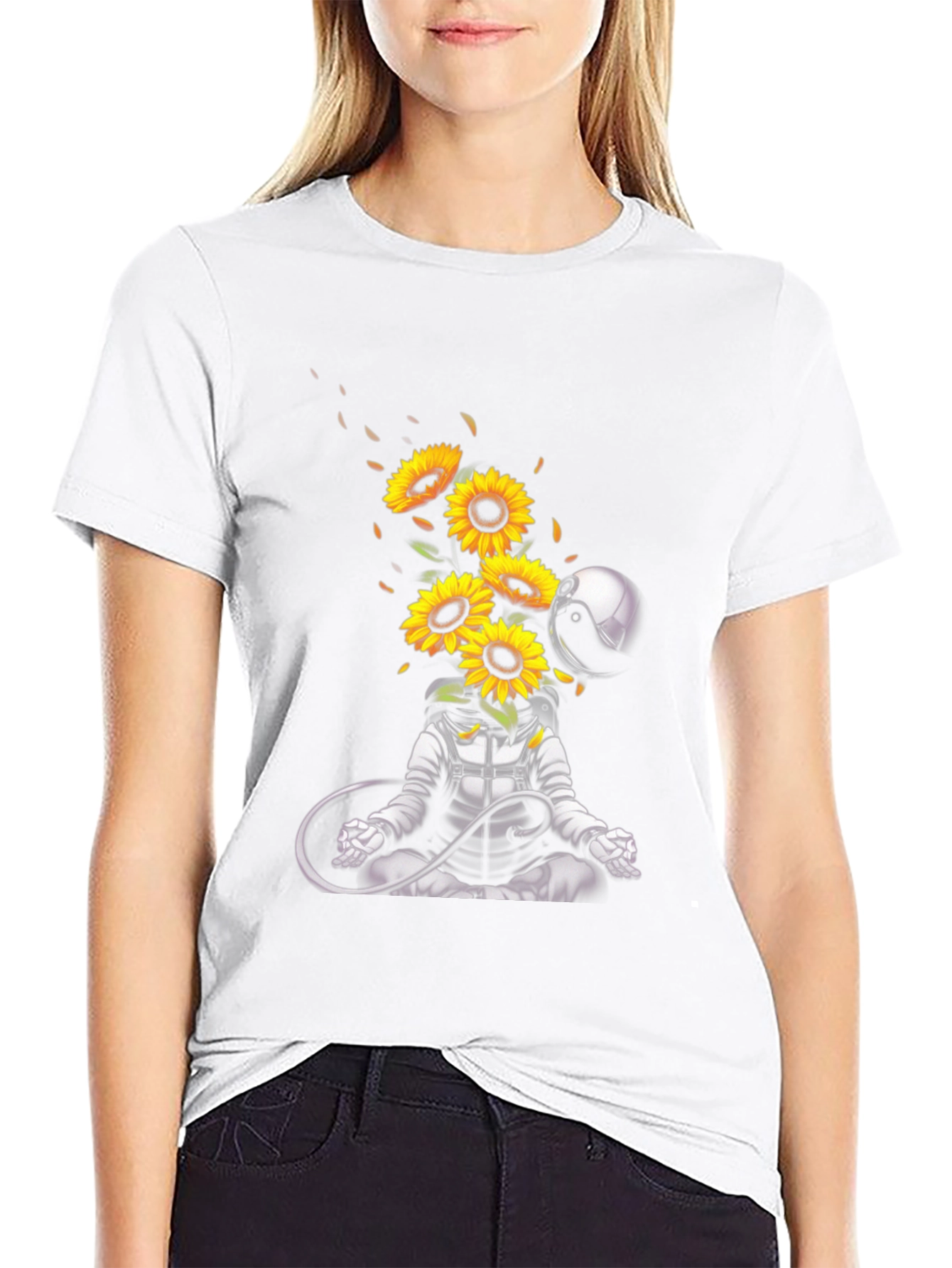 Meditating Astronaut with Sunflowers Graphic T-Shirt