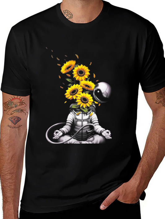 Meditating Astronaut with Sunflowers Graphic T-Shirt